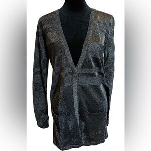 August Silk Sheer Cardigan Silver Black Metallic Long Striped Small $68
